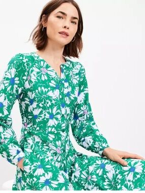 LOFT Floral Balloon Sleeve Button Down Midi Pocket Dress